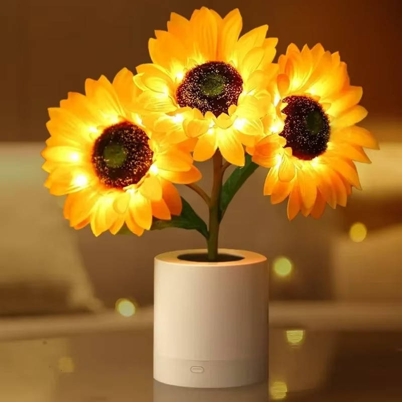 Belro sunflower-shaped night light emitting soft yellow glow, designed for cozy lighting in bedrooms or living spaces.