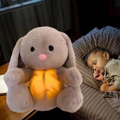 Belro breathing stuffed animal bunny wearing men's clothing, soft plush toy with detailed fabric and adorable bunny features.