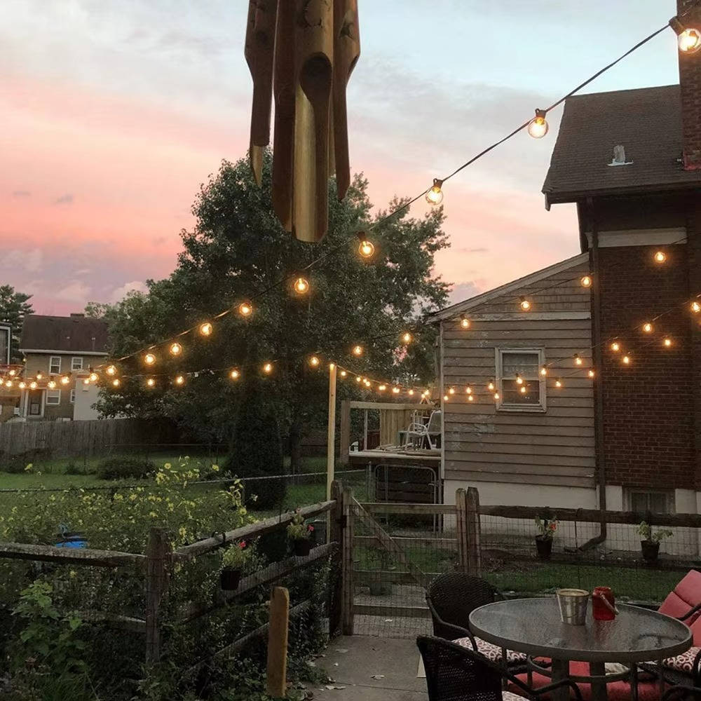Belro LED outdoor string lights hanging in a garden, ideal for home and garden outdoor decor and ambiance.