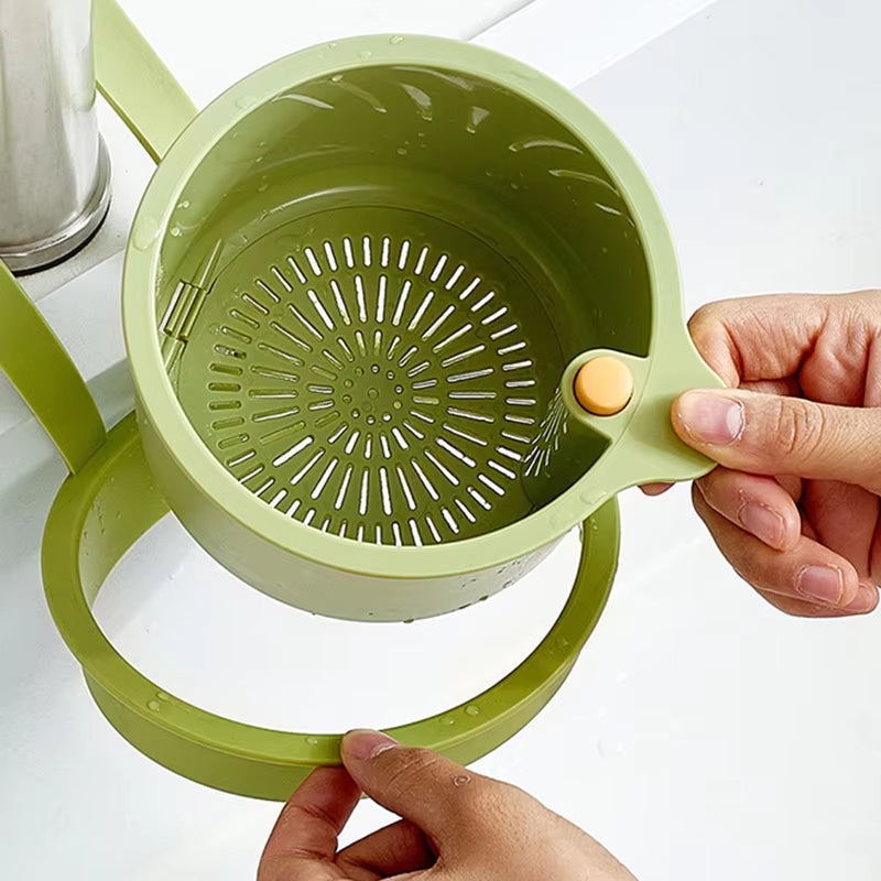 Mivoza hanging drain basket with two-part filter and one-click empty sink organizer in kitchen sink, designed for easy debris removal.