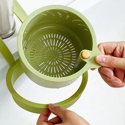 Mivoza hanging drain basket with two-part filter and one-click empty sink organizer in kitchen sink, designed for easy debris removal.