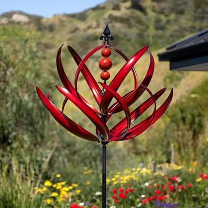 Colorful metal wind spinner for garden decor, featuring intricate designs and vibrant finishes by Belro.