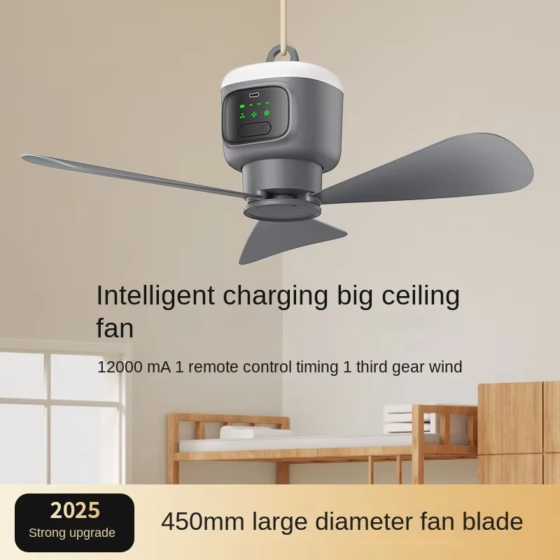 Belro portable wireless ceiling fan with compact design, ideal for outdoor use, shown in a home and garden setting.