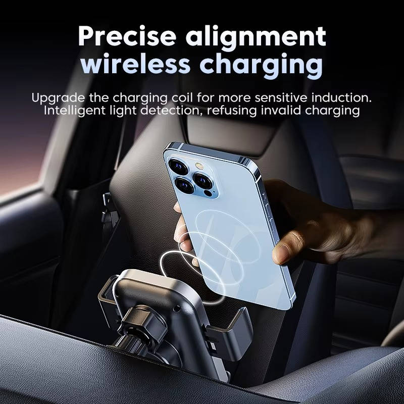 Belro wireless car charger phone mount attached to a vehicle dashboard, holding a smartphone securely for easy charging and access.