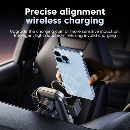 Belro wireless car charger phone mount attached to a vehicle dashboard, holding a smartphone securely for easy charging and access.