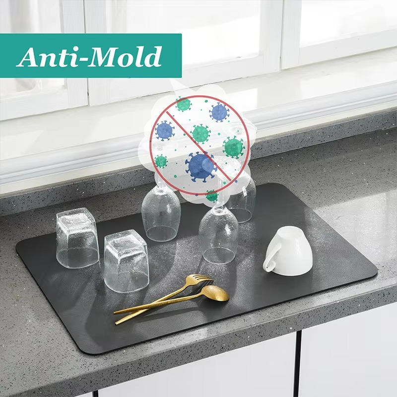 Belro super absorbent dish drying mat in a kitchen setting, designed for quick drying of dishes and utensils.