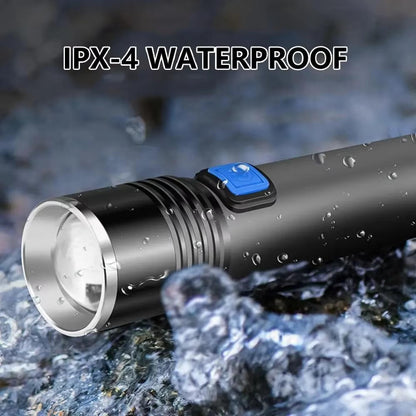 Black Belro flashlight emitting ultraviolet light, handheld electronic flashlight for UV detection and illumination.
