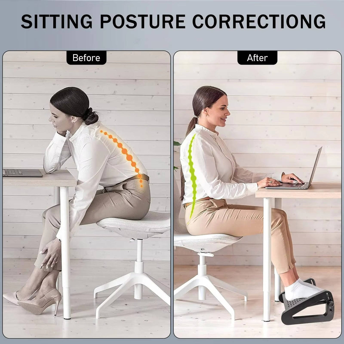 Belro under desk foot rest for ergonomic support, placed under an office chair in a home office setting.