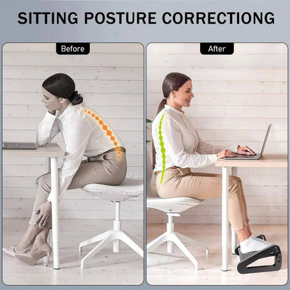 Belro under desk foot rest for ergonomic support, placed under an office chair in a home office setting.