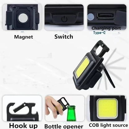 Belro mini LED flashlight keychain with 1800 lumens, compact portable light for everyday use, black plastic body with keyring.