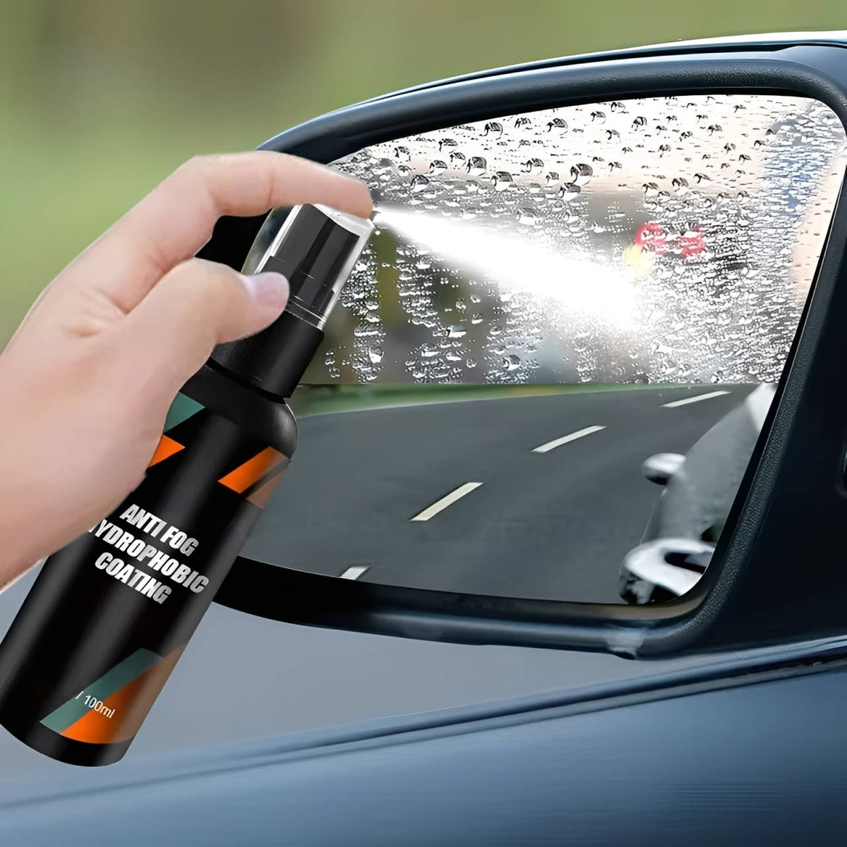 Belro windshield water repellent applied to car windshield, showcasing clear visibility and water-beading effect on glass surface.