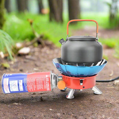 Belro windproof camping stove displayed on a outdoor table, ideal for camping and outdoor cooking.