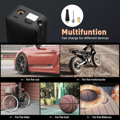 Belro portable tire inflator with rechargeable battery, compact device for inflating tires at home or on the go.