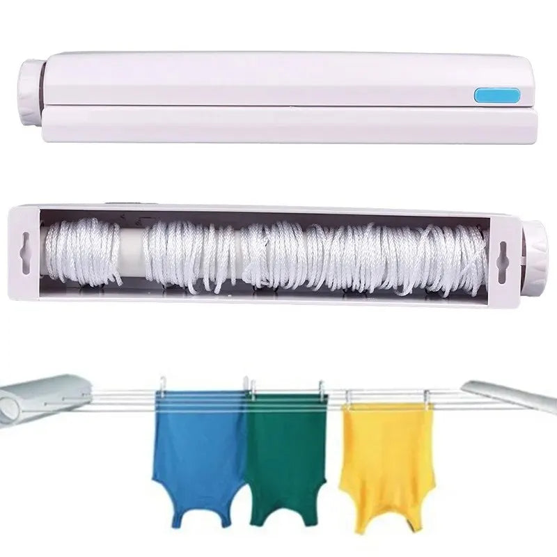 Belro retractable indoor laundry clothesline mounted on wall, extended with clothes drying on adjustable lines in a home laundry room.