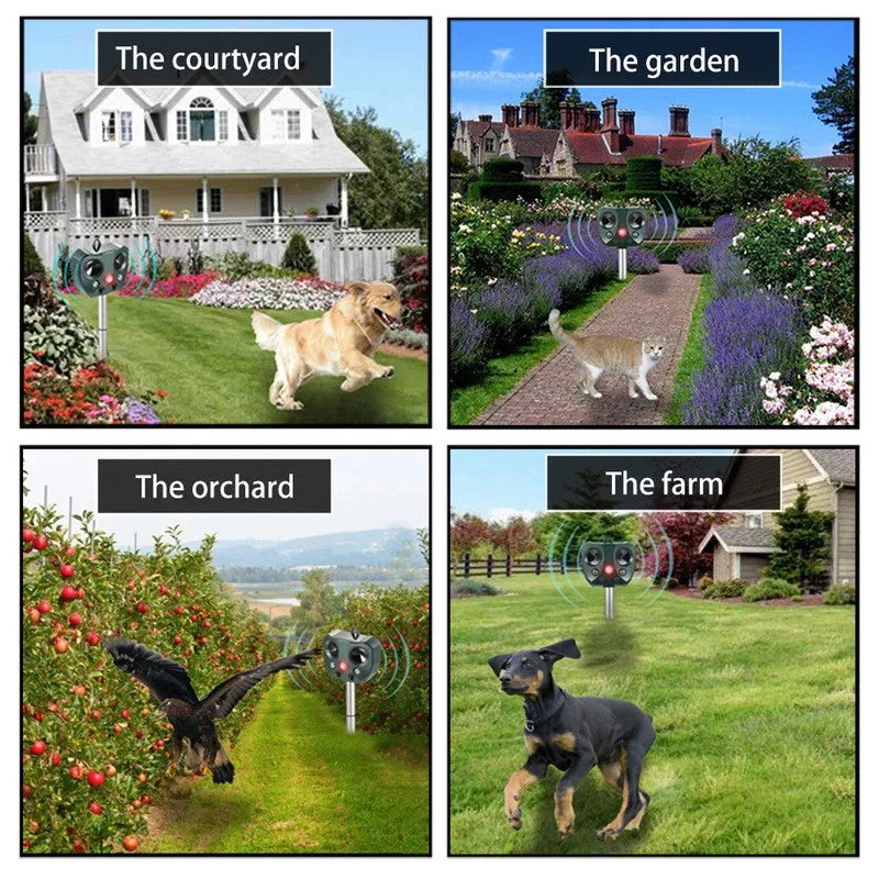 Belro Solar Ultrasonic Animal Repeller in outdoor garden, showing device with solar panel and pest control features.