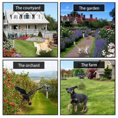 Belro Solar Ultrasonic Animal Repeller in outdoor garden, showing device with solar panel and pest control features.