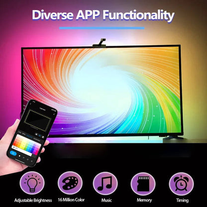 Belro TV backlight LED strip installed behind a flat-screen TV, providing ambient lighting for a modern electronics setup.