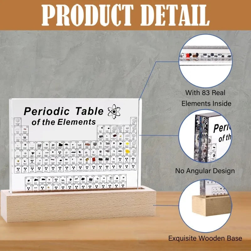 Belro acrylic periodic table display with wooden light base, designed as a stylish decorative piece for cat-themed pet supplies.