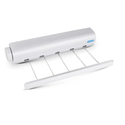 Belro retractable indoor laundry clothesline extended in a laundry room with hanging clothes and drying space.