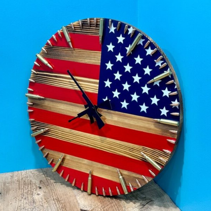 Handmade American flag clock by Belro, patriotic bullet-shaped wall clock with red, white, and blue flag design for home decor.