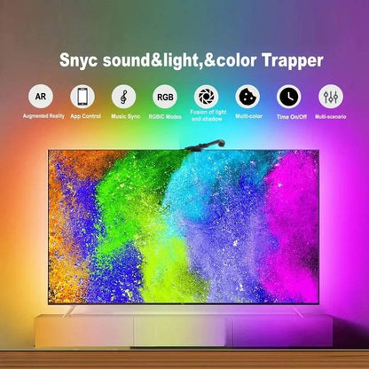 Belro TV backlight LED strip installed behind a flat-screen TV, providing ambient lighting for electronics and home entertainment.