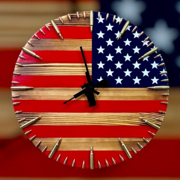 Handmade American flag clock by Belro featuring a patriotic flag design, suitable for home decor and wall display.