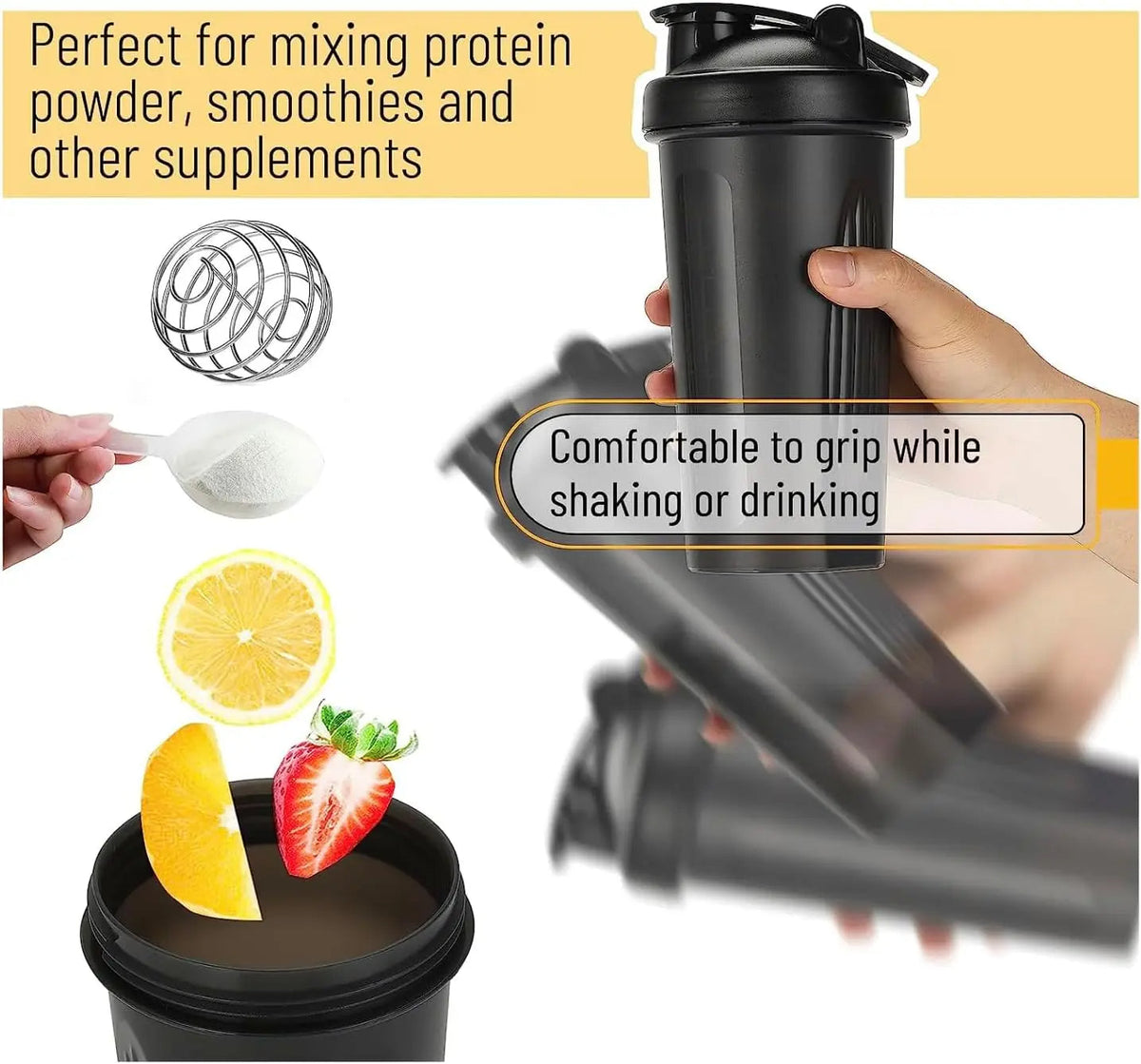 Belro 600ml leak-proof protein shaker bottle with mixing ball, featuring a clear design and secure lid for gym and sports use
