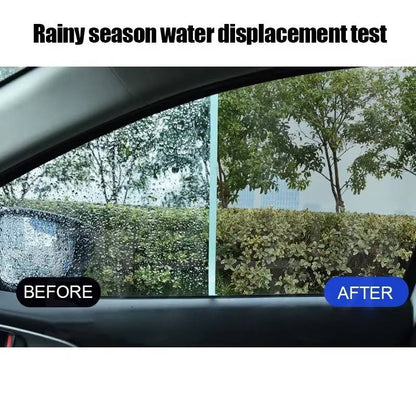 Belro windshield water repellent applied to car windshield, demonstrating improved water runoff for enhanced visibility.