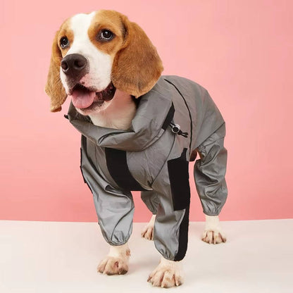 Belro waterproof dogs raincoat hanging outdoors, lightweight clothing for pets, with adjustable hood and reflective strips.