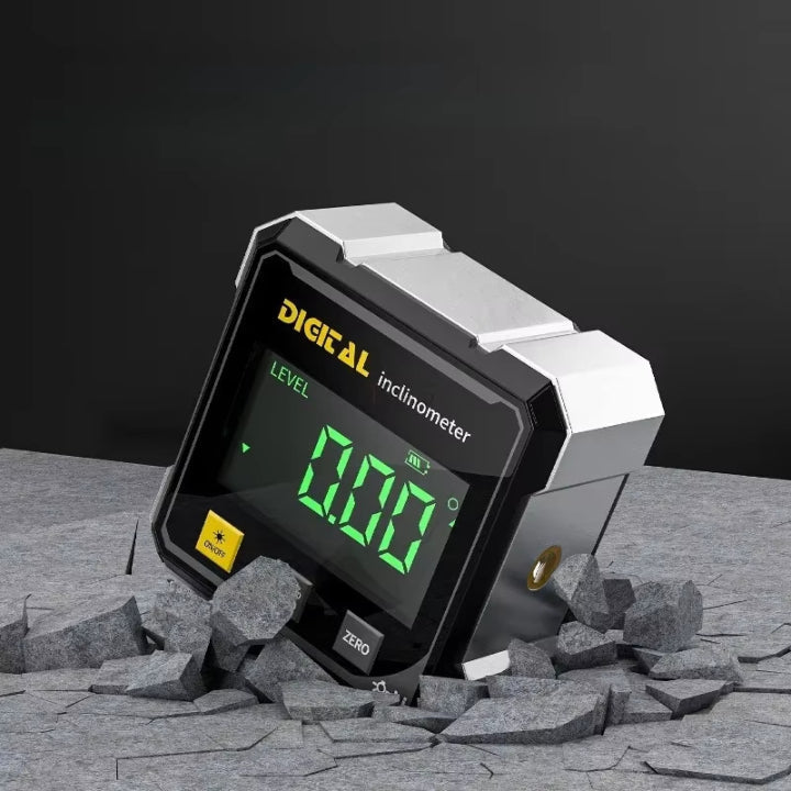 Mivoza digital laser inclinometer showing an angled measurement on a work surface for precise angle and level detection.
