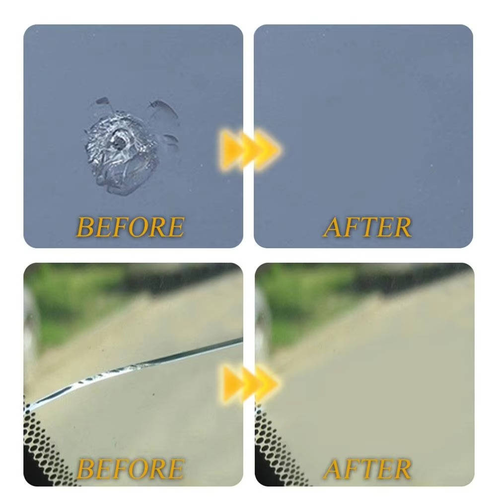 Belro windshield repair kit for home and garden, showing tools and materials used to fix small cracks and chips on vehicle windshields.