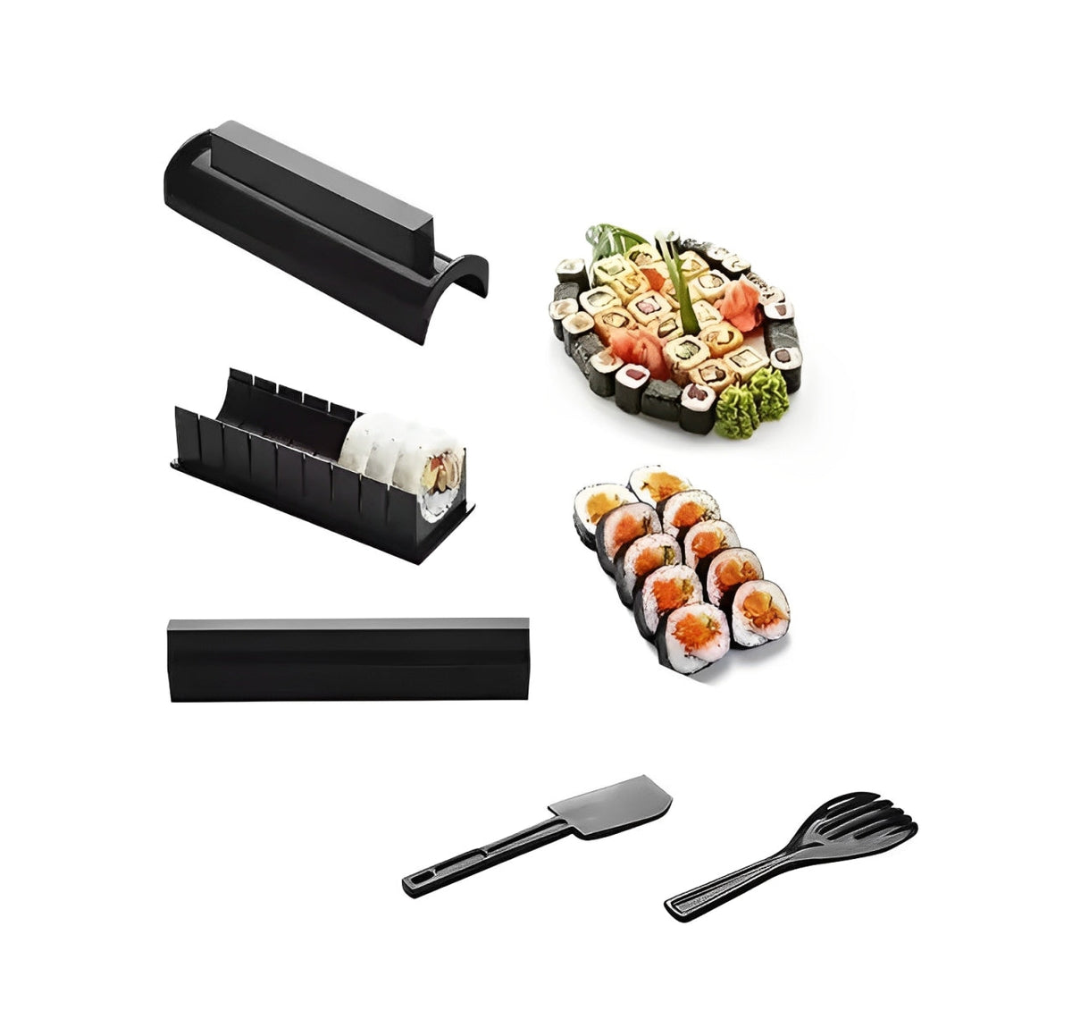Belro sushi roller for home kitchen, showing a hand rolling sushi with the bamboo mat and fresh ingredients.