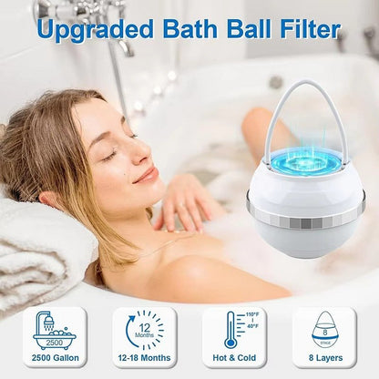Belro bath filter for tub showing a sleek, chrome-plated water filtration device attached to a bathtub faucet.