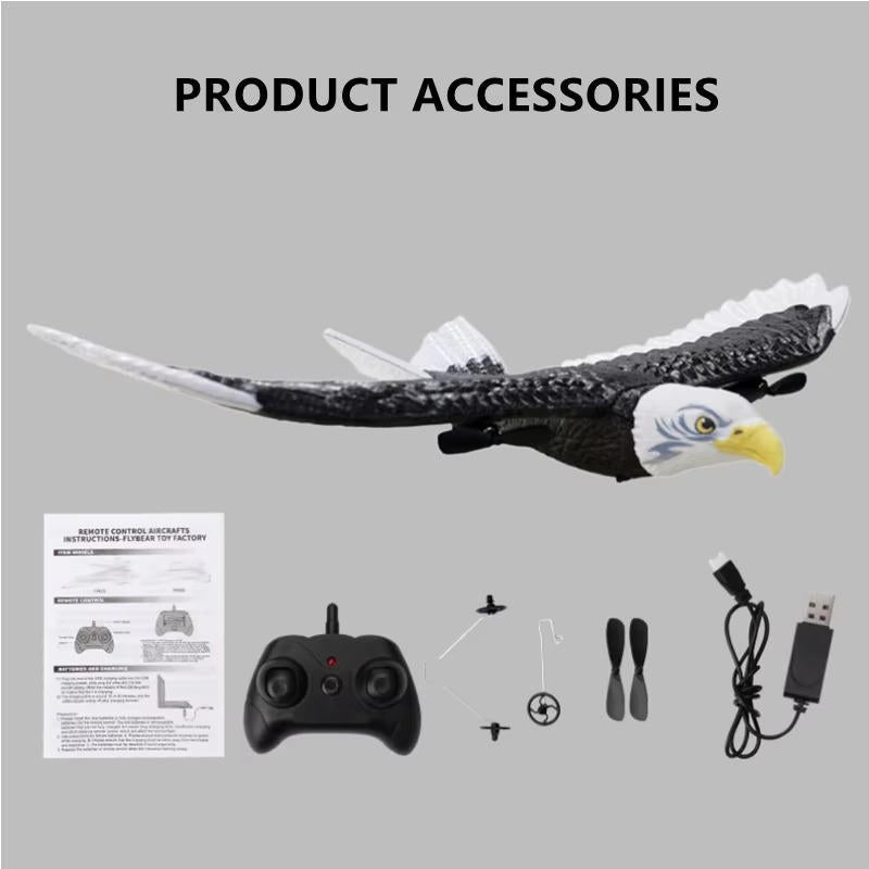 Belro remote control eagle toy with detailed feathers and wings, flying in the sky against a clear blue background.