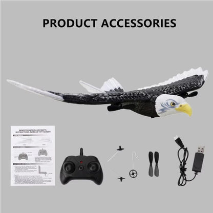 Belro remote control eagle toy with detailed feathers and wings, flying in the sky against a clear blue background.
