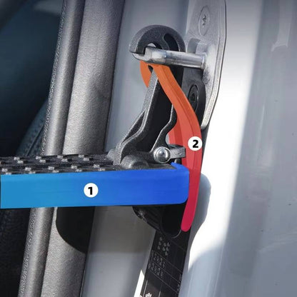 Belro universal fit car door step for easy access, shown attached to vehicle door in a home and garden storage setting.