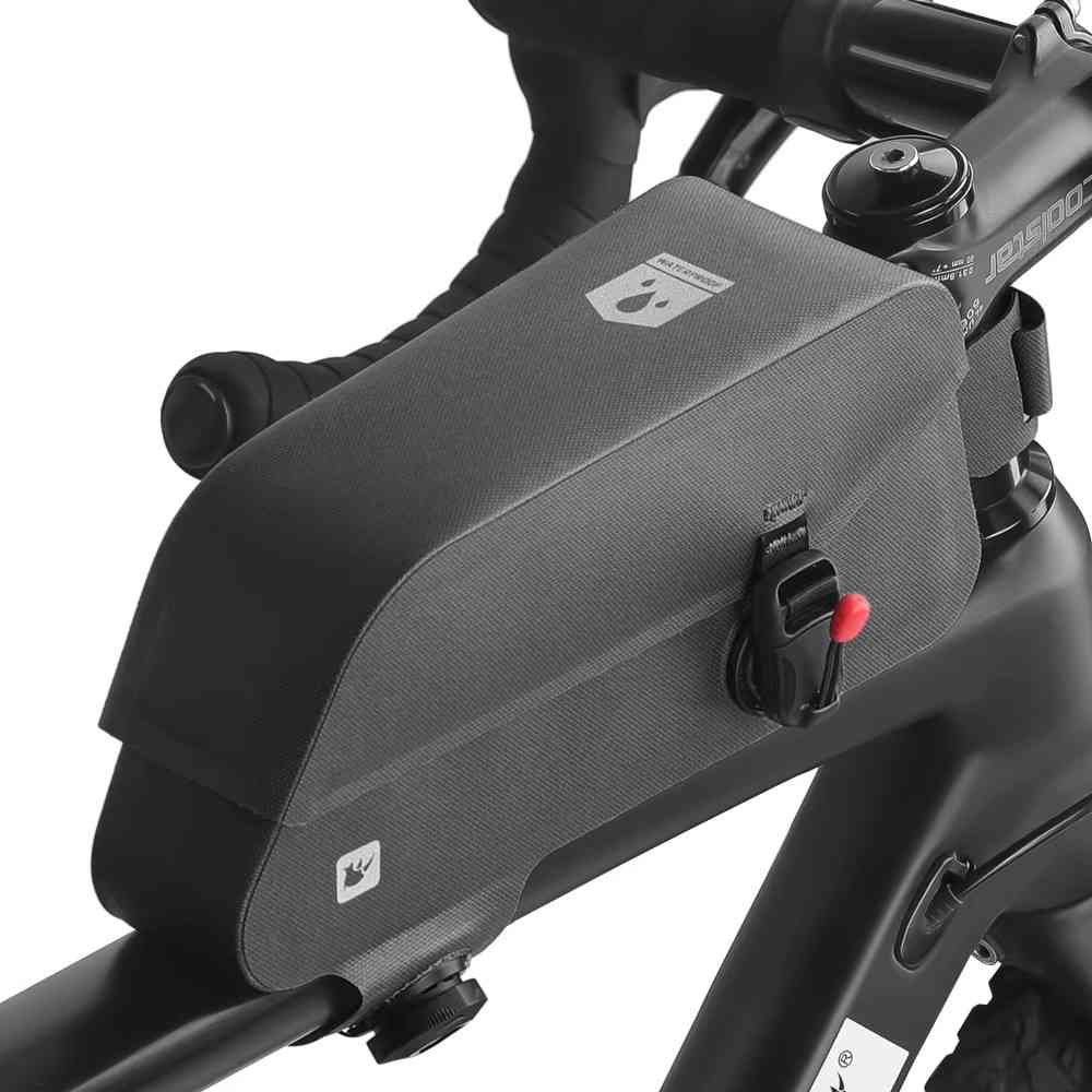 Belro bicycle bag attached to a bike frame, showing its durable fabric and secure straps, ideal for cycling storage and accessories.