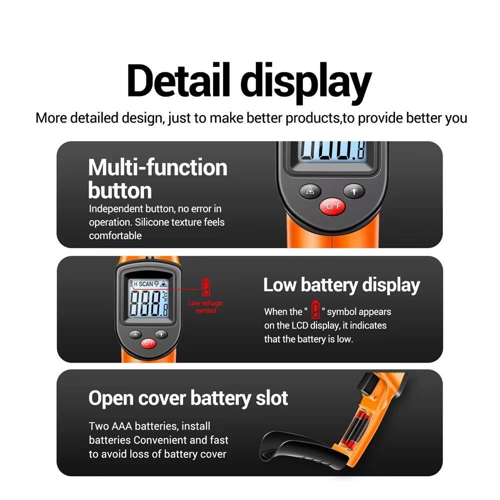 Belro infrared laser thermometer showing digital display, compact medical device for quick temperature readings in health and beauty.