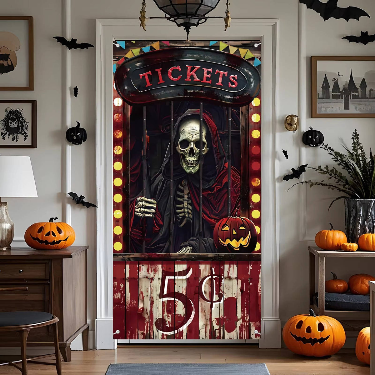 Creepy Halloween door cover from Belro featuring spooky design for home and garden Halloween decorations.