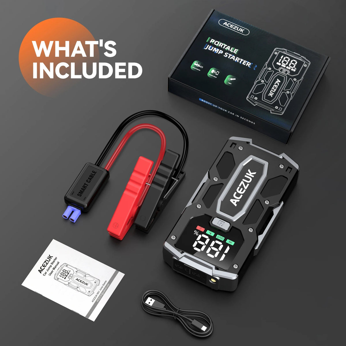 Belro portable car jump starter with power bank, 3000A, shown with alligator clips and compact design for home and garden use