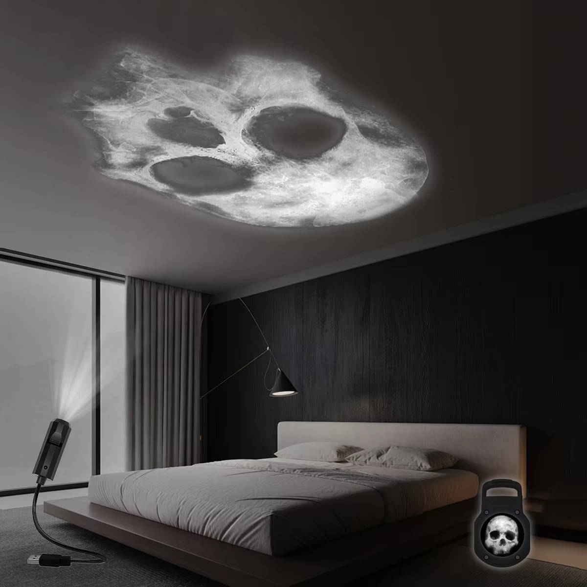 Belro Halloween light projector displaying spooky ghost and pumpkin images on a wall for festive decoration.