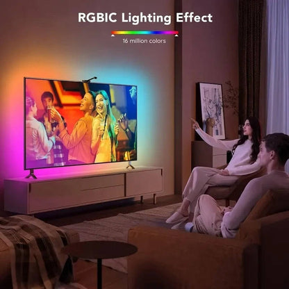 Belro TV backlight LED strip installed behind a television, providing ambient lighting for an enhanced viewing experience.
