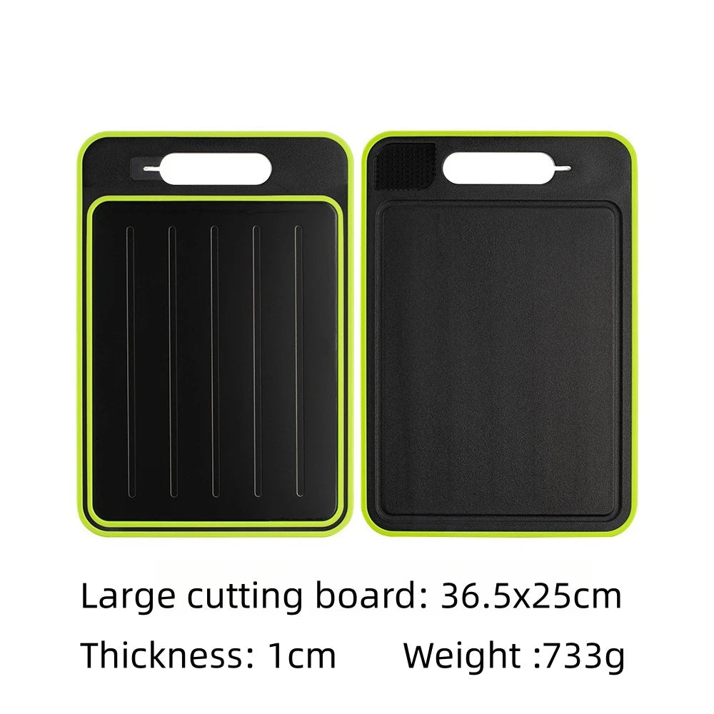 Belro 4-in-1 cutting board with thawing tray and knife sharpener, featuring multiple compartments for kitchen prep.