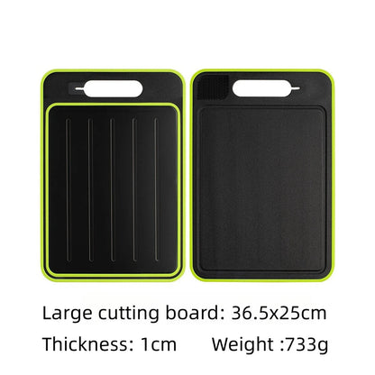 Belro 4-in-1 cutting board with thawing tray and knife sharpener, featuring multiple compartments for kitchen prep.