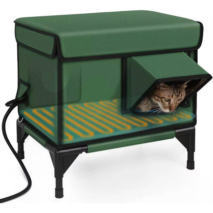 Belro heated outdoor cat house for winter, insulated shelter with a cozy entrance, designed for outdoor feline comfort.