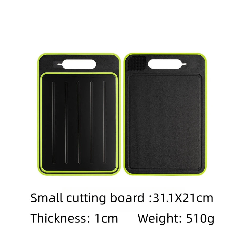 Belro 4-in-1 cutting board with thawing tray and knife sharpener, featuring a durable wooden surface and integrated kitchen tools.