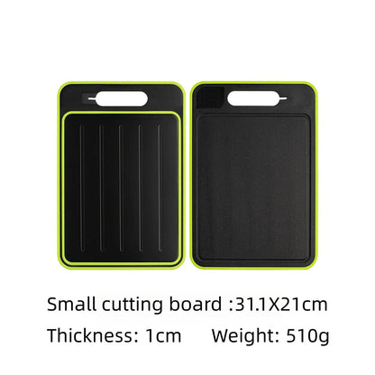 Belro 4-in-1 cutting board with thawing tray and knife sharpener, featuring a durable wooden surface and integrated kitchen tools.