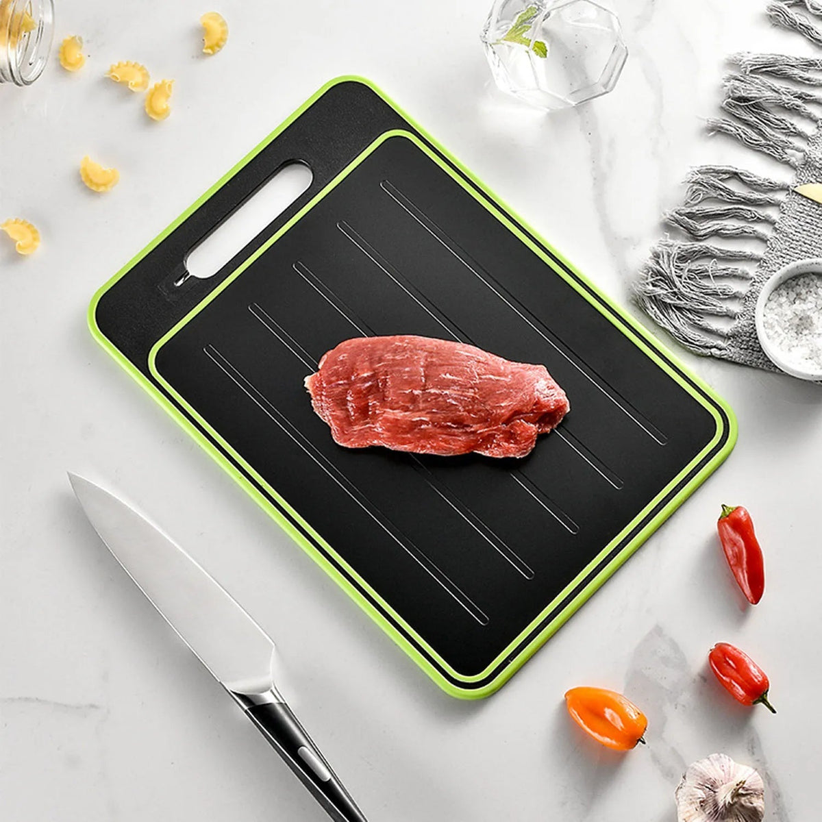 Belro 4-in-1 cutting board with thawing tray and knife sharpener, featuring a versatile kitchen surface with integrated tools.