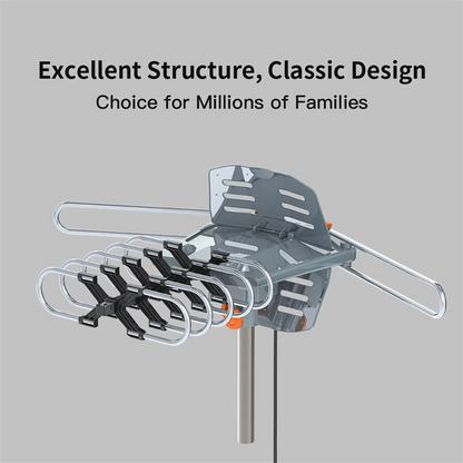 Belro long-range digital HD TV antenna with 360° motorized directional mount and mounting pole, designed for clear TV signal reception.