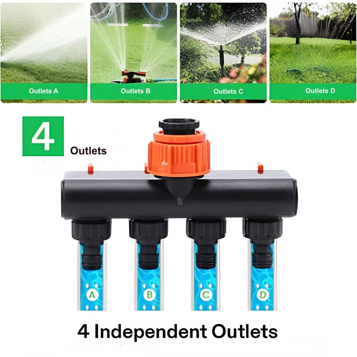 Belro 4-way garden hose splitter connected to a garden hose, allowing multiple water outlets for outdoor watering.